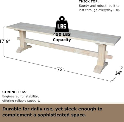 Solid Parawood Trestle Bench Unfinished 72", Kitchen/Dining Furniture, Sturdy & Reliable, Paint or Stain in Any Color, 450 lb Capacity, Entryway, Living Room, Family Room, Breakfast Nook, Unfinished