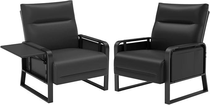 Faux Leather Accent Chairs Set of 2 with Flip Up Tray Tables Soft Backrest for Living Room Office Bedroom Modern Accent Chairs, Black
