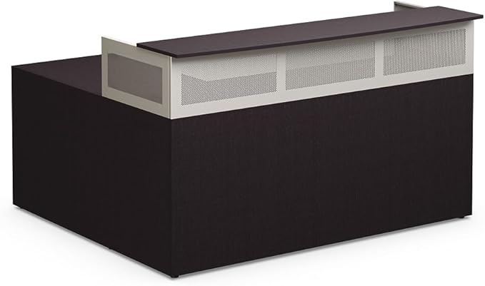 NBF Reversible L-Shaped Executive Office Desk - Durable Laminate Computer Desk with Privacy Hutch - Modern Desk with Storage and File Cabinet - Office Work Desk (Brown) - 65.76"D x 74.25"W x 41.85"H