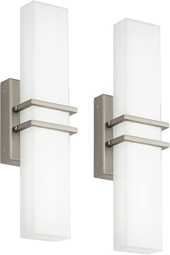 Possini Euro Design Exeter Modern Wall Lights Set of 2 Brushed Nickel Silver Hardwired 4 1/2" LED Fixture White Rectangular Glass Shade for Bedroom Bathroom Vanity Living Room Home Hallway Dining