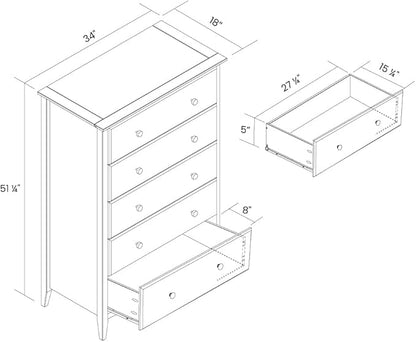 Grain Wood Furniture Greenport 5-Drawer Chest, Solid Wood with Brushed Driftwood Finish