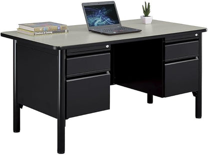 nbf signature series Stahl Double Pedestal Office Desk – Durable Walnut Laminate Computer Desk with 4 Lockable Drawers – Modern Executive Desk with File Cabinet – 60" W x 30" D Office Work Desk