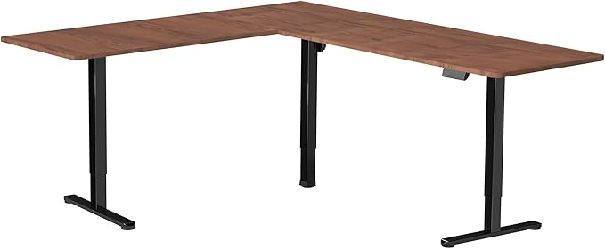 VIVO Corner Standing Desk, 84 x 63 inch Reversible L-Shaped Workstation, Electric Height Adjustment, Home, Office, and Reception Rooms, Dark Walnut Table Top Black Frame, DESK-E3CTBD-84