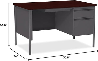 Lorell Fortress Single Pedestal Desk, 30" x 48" x 29.5", Gray Steel Base with Mahogany Laminate Top