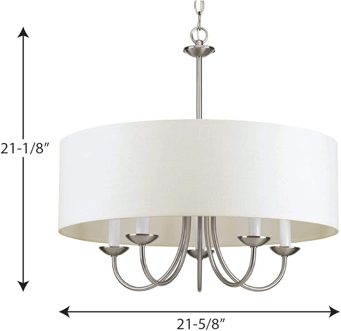 Progress Lighting Drum Shade Collection Five-Light Chandelier, Farmhouse Style Hanging Ceiling Light Fixture for Dining Rooms, Foyers, White Textured Linen Shade, Brushed Nickel