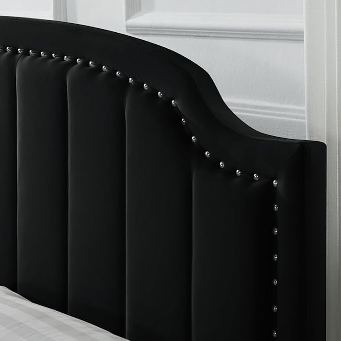 24KF Velvet Fabric Upholstered Queen/Full Headboard with Nail Trims,Modern Vertical Channel Design with Curved Headboard, 6052-Q-Black