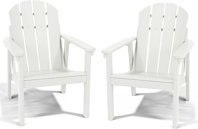 Adirondack Chair Set of 2, All Weather HDPE Fire Pit Chairs, Oversized Plastic Adirondack Chair for Outdoor, Balcony, Deck, Backyard, Patio, Garden, Poolside, Lawn White