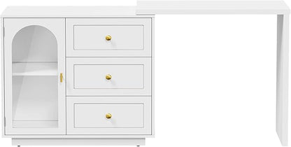 RoyalCraft L Shaped Home Office Desk, Extendable and Rotatable Desk with 3 Drawers and Door, Corner Computer Desk, Modern Study Writing Table for Bedroom, Home Office, White