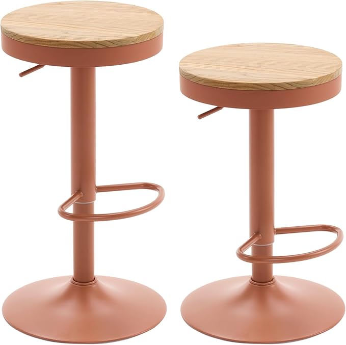 Kidol & Shellder Bar Stools Set of 2 Round Adjustable Swivel Barstools Modern Backless Bar Chairs Wooden Seat Counter Height Stools Armless for Kitchen Island, Cafe, Dining Room Terracotta