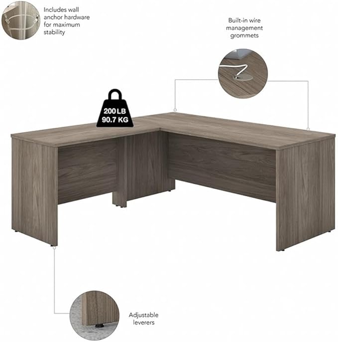 Pemberly Row 72W L Shaped Desk with Drawers in Modern Hickory - Engineered Wood