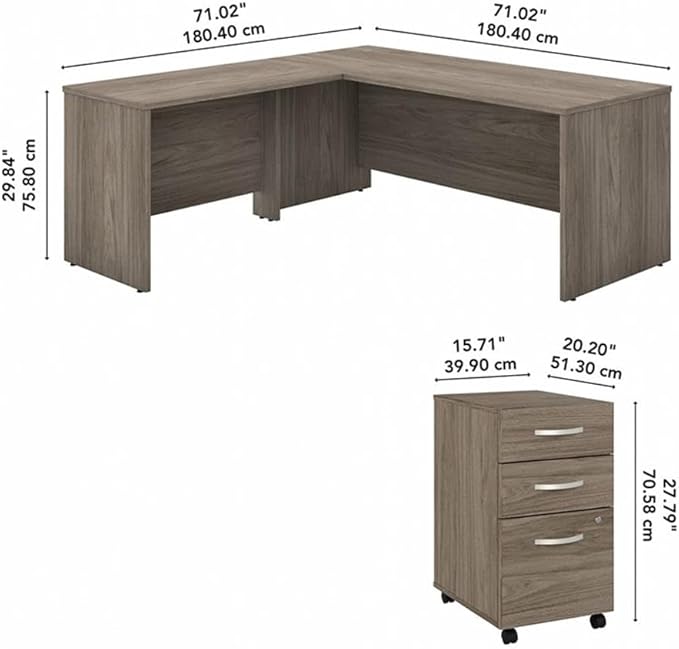 Pemberly Row 72W L Shaped Desk with Drawers in Modern Hickory - Engineered Wood
