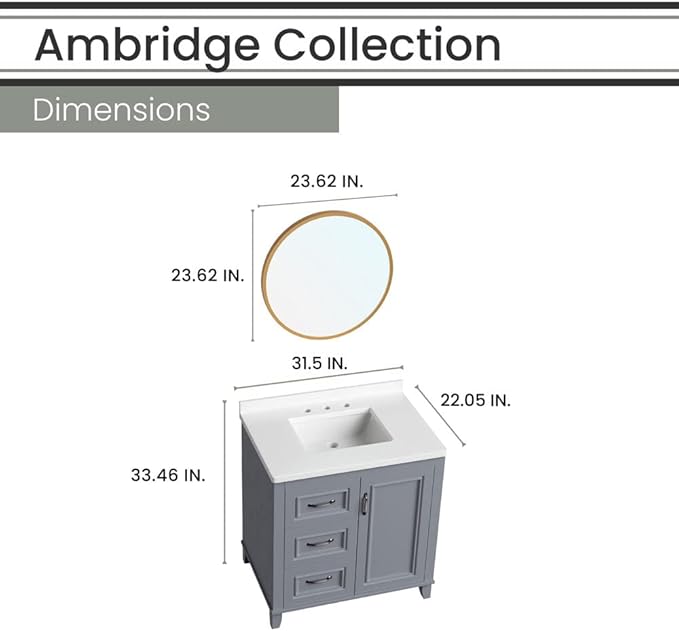 Hanover Ambridge 31'' Vanity Cabinet with Sink Combo for Bathroom, Powder Room | Pre-Assembled Cabinet | 1 Door, 3 Drawers | Artificial Stone Countertop, Gray Cabinet | HANVN0104-31-0GR