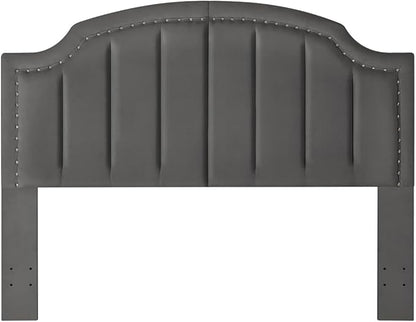 24KF Velvet Fabric Upholstered Queen/Full Headboard with Nail Trims,Modern Vertical Channel Design with Curved Headboard,6052-Q-Dark Gray