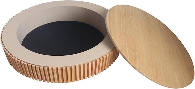 39.37'' Round Coffee Table for Living Room, Fluted Tea Table with Hidden Storage, Solid Wood Circle Coffee Table, Modern Tea Table for Small Space Apartment-Natural Wood 39.37''D×13.78''H