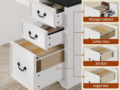 60'' Farmhouse Executive Desk with Drawers, Home Office Desk with Power Outlet & Keyboard Tray, Wood Computer Desk with File Drawer & Slide-Out Storage Shelves, Writing Desk for Work, White