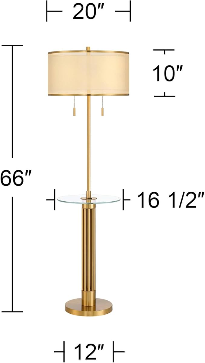 Possini Euro Design Granview Mid Century Modern 66" Tall Standing Floor Lamp with Glass Table USB Port Gold Metal Warm Brass Finish Living Room Bedroom House Reading Office Home Decor Entryway