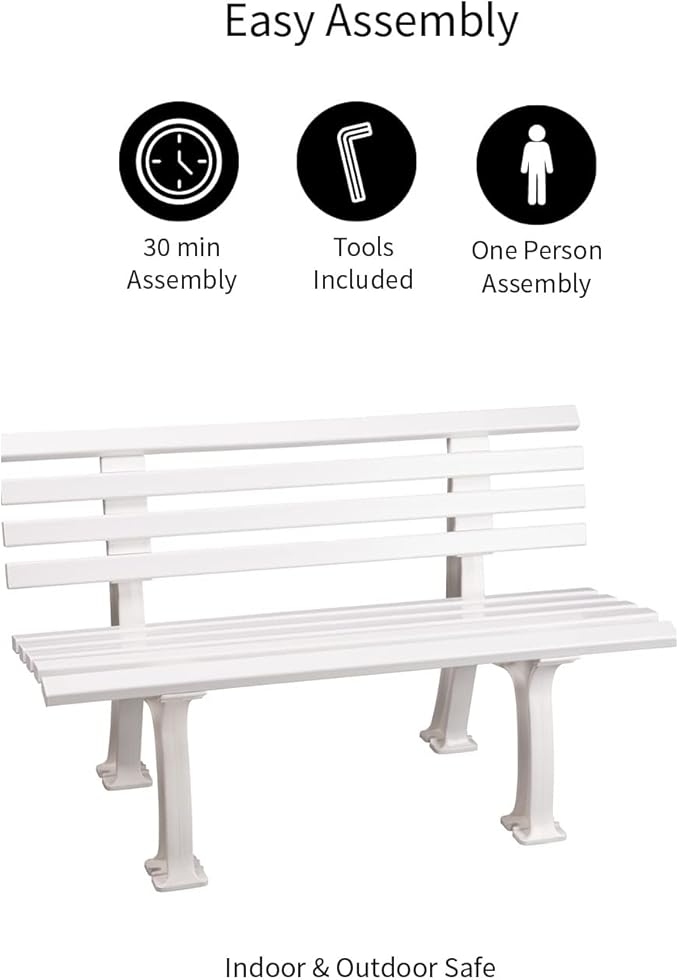 Plow & Hearth Weatherproof German PVC Outdoor Bench | Holds Up to 500 lbs | Garden Patio Porch Park Deck | Steel and Resin | White