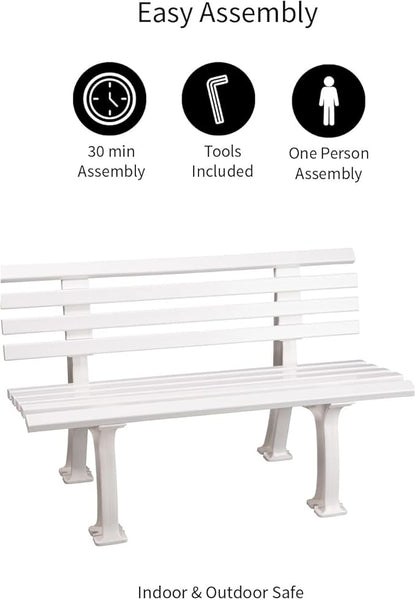 Plow & Hearth Weatherproof German PVC Outdoor Bench | Holds Up to 500 lbs | Garden Patio Porch Park Deck | Steel and Resin | White