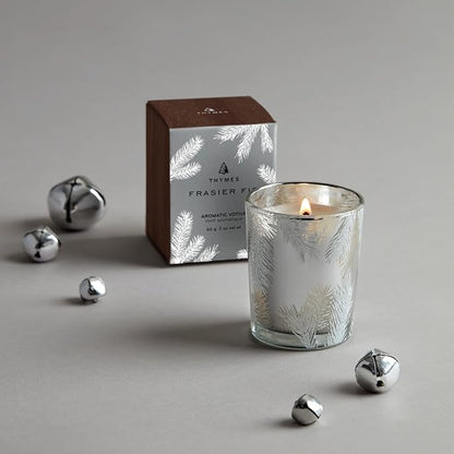 Thymes Frasier Fir Candle – Pine Needle Design – Holiday Scented Candle – Notes of Crisp Siberian Fir, Cedarwood & Sandalwood – Luxury Home Fragrance Gifts for Women & Men – Silver (Statement, 2 oz)