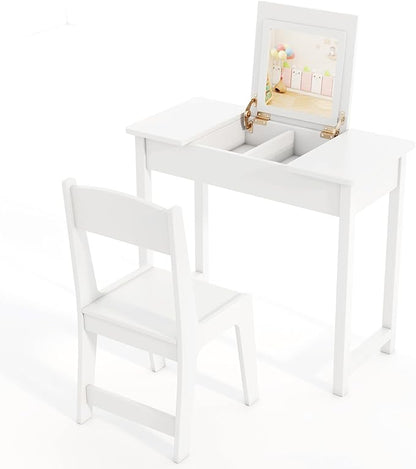 HONEY JOY Kids Vanity, Wooden Girls Vanity Desk with Flip Top Mirror, Hidden Storage Space, Toddler Makeup Vanity Dressing Table, Pretend Play Kids Vanity Table and Chair Set (White)