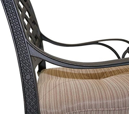 Nassau Outdoor Patio 7pc Dining Set Round 60" Fire Gas Table Dark Bronze Solid Cast Aluminum Sunbrella Cushions (Set with 6 Regular Chairs, Sunbrella Sesame)