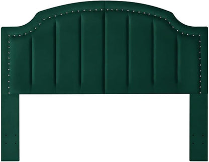 24KF Velvet Fabric Upholstered Queen/Full Headboard with Nail Trims,Modern Vertical Channel Design with Curved Headboard, 6052-Q-Jade