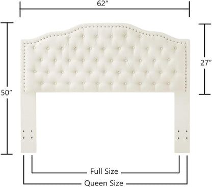 24KF Upholstered Button Tufted Queen Headboard with Nailhead Trim, Elegant Boucle Fabric Full headboard, 6031-Q-Boucle-Ivory