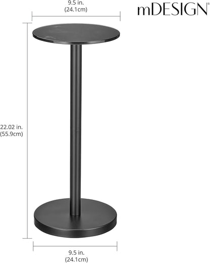 mDesign Glass Top Side/End Drink Table - Small Modern Round Accent Metal Nightstand Furniture for Living Room, Dorm, Home Office, and Bedroom - 9" Round - Black Marble/Black Print, 23780MDHS