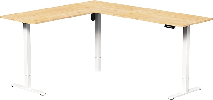 VIVO Corner Standing Desk, 75 x 63 inch Reversible L-Shaped Workstation, Electric Height Adjustment, Home, Office, and Reception Rooms, Real Bamboo Table Top White Frame, DESK-E3CTWO-75