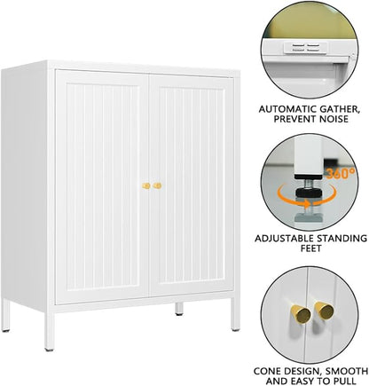 White Cabinet, 2 Door Locker Cabinets with Adjustable Shelves, Side Table Storage with Doors,Bathroom Furniture for Small Spaces,Home,Office,Kitchen,Dining Room