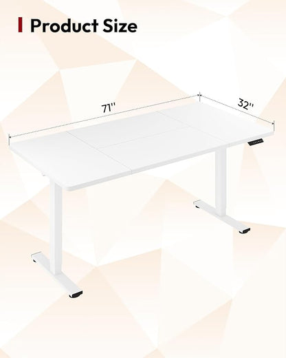 SANODESK Electric Standing Desk 71 x 32 Inches Height Adjustable Stand Up w/6-Button Controller Ergonomic Computer Desk with Splice Board for Home Office, White Frame + White Tabletop