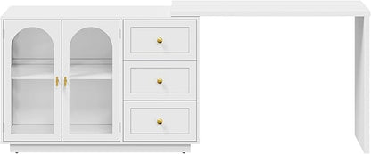 RoyalCraft L Shaped Home Office Desk, Large Extendable and Rotatable Desk with 3 Drawers and 2 Doors, Corner Computer Desk, Modern Study Writing Table for Bedroom, Home Office, White