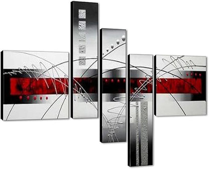 Wieco Art Stretched and Framed 100% Hand-Painted Modern Canvas Wall Art Decor Perfect White Lines Home Decoration Abstract Oil Paintings on Canvas 5pcs/Set