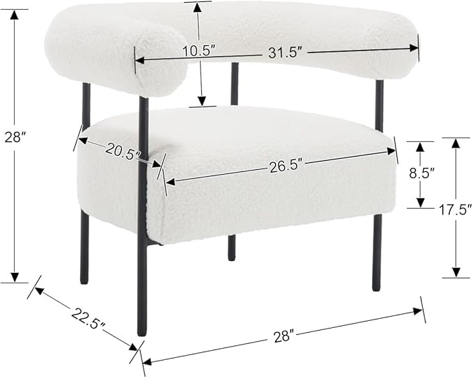 Modern Accent Chairs Set of 2, White Boucle Side Chairs with Curved Back, Sherpa Barrel Vanity ChairsArmchairs with Black Metal Legs & Upholstered for Living Room, Makeup Room