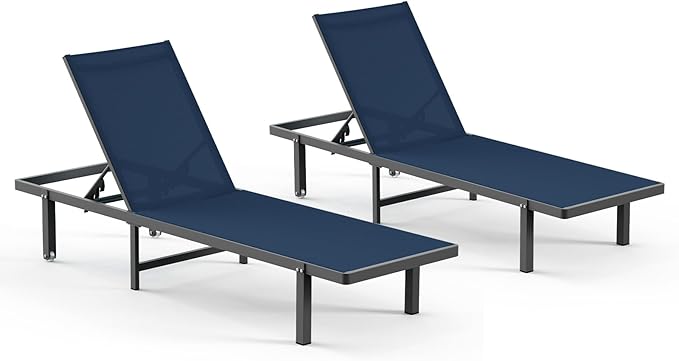 Pool Lounge Chairs Set of 2，Outdoor Lounge Chairs with Wheels and 5-Position Recliner -Easy to Move- Aluminum Patio Lounge Chair for Poolside, Deck (Navyblue)