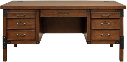 Pemberly Row Rustic Half Pedestal Wood Desk Writing Table Office Desk in Brown