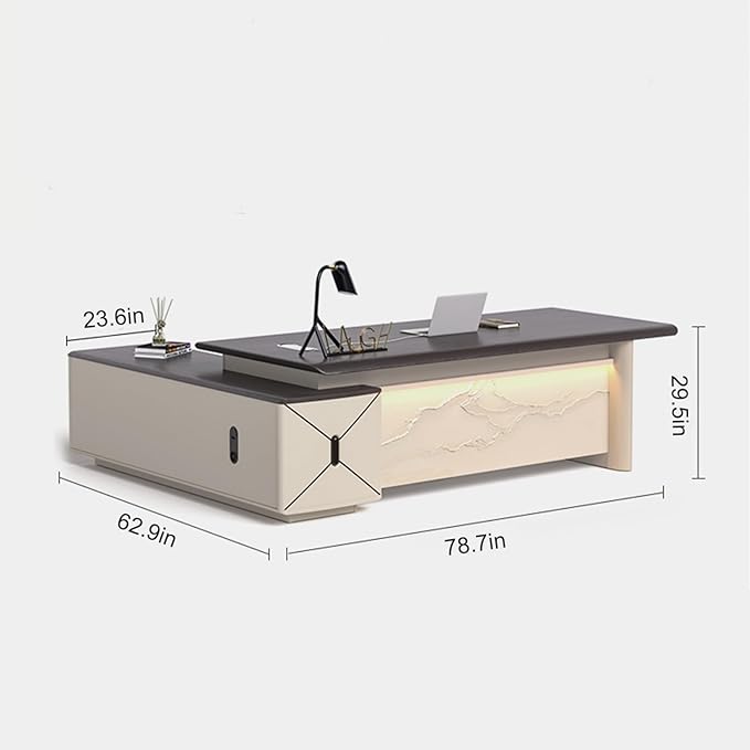 78IN L-Shaped Executive Desk with Drawer Cabinet, Executive Office Desk with LED Strip & Exquisite Handle & Fashionable Pattern Design