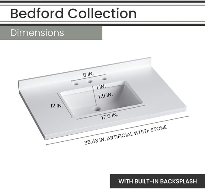 Hanover 36 Set Includes w, Brown Bedford 36'' Vanity Sink Combo for Bathroom, Powder Room | Pre-Assembled 1 Door, 3 Drawers | Accent Mirror | Artificial Stone Countertop, Cabinet, 36 inches