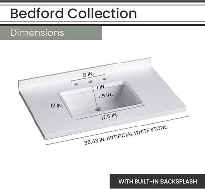 Hanover 36 Set Includes w, Brown Bedford 36'' Vanity Sink Combo for Bathroom, Powder Room | Pre-Assembled 1 Door, 3 Drawers | Accent Mirror | Artificial Stone Countertop, Cabinet, 36 inches