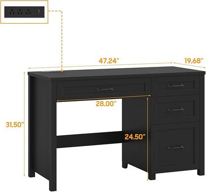 Farmhouse 47" Executive Desk, Computer Desk with File Drawer and Charging Station, Workstation for Home Office, Study(Pure Black)