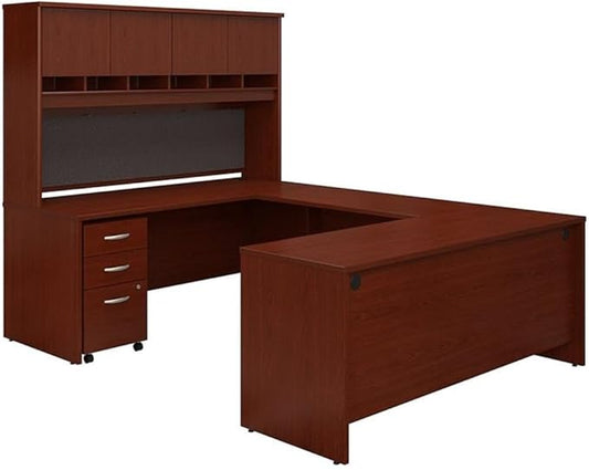 UrbanPro 72" W U-Shaped Desk with Hutch and Storage in Mahogany