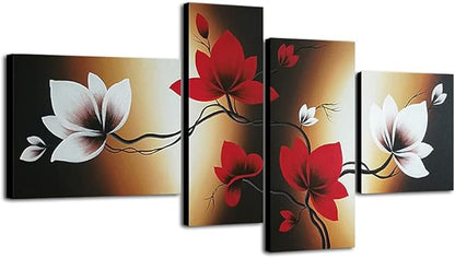 Wieco Art Full Bloom in Spring Red Flowers 100% Hand-painted 4 panels Flower Oil Paintings on Canvas Wall Art for Wall Decor Oil Painting on Canvas
