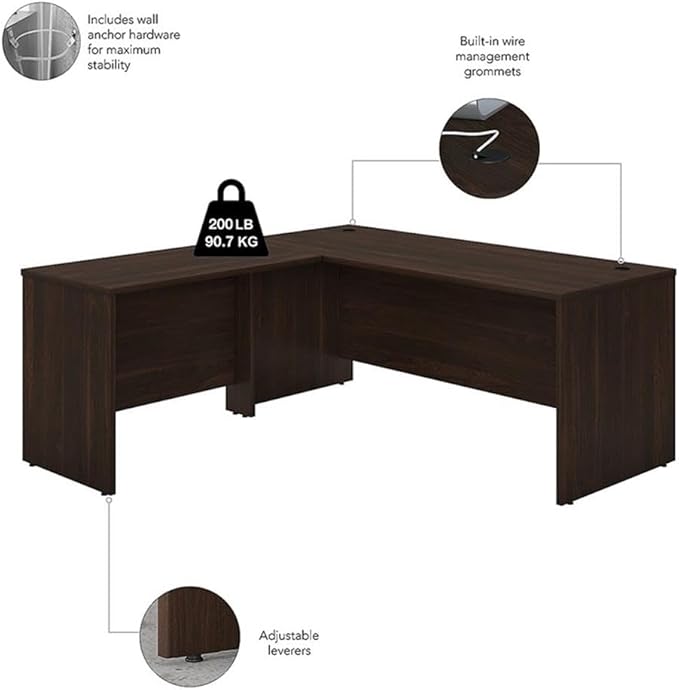 Pemberly Row Engineered Wood 72W x 30D L Shaped Desk w/Drawers in Black Walnut