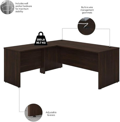 Pemberly Row Engineered Wood 72W x 30D L Shaped Desk w/Drawers in Black Walnut