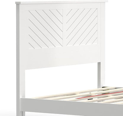 Serene Farmhouse Style Wood Bed in Full Size with Chevron Scoring Headboard, Coastal Modern Design, Sturdy, Easy Assembly, Ample Underbed Storage, White Finish