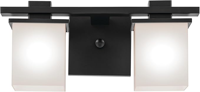 KICHLER Tully 15" 2-Light Vanity Light with Satin Etched Cased Opal Glass in Black for Over a Vanity, Soft Modern Style, (15" x 6.5" x 7"), 45150BK