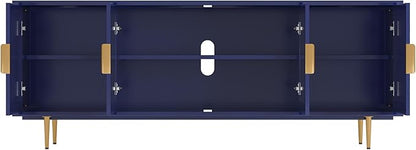 66" Modern TV Stand for TVs up to 75",TV Cabinet with Glass Door,Entertainment Center with Storage,Television Stands with Gold Legs,Media Console for Bedroom,Living Room,Blue