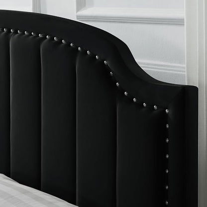 24KF Velvet Fabric Upholstered King/California King Headboard with Nail Trims, Modern Vertical Channel Design with Curved King Headboard, 6052-K-Black