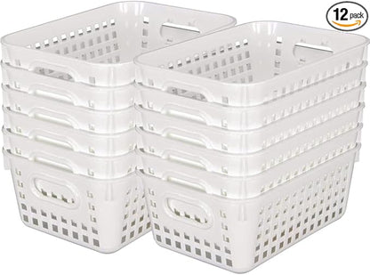 Really Good Stuff Medium Plastic Book Baskets, 11" by 7.5" by 4.5" - 12 Pack, White, Versatile Storage Solution for Classroom, Home and Office, Toy Storage, Multi-Purpose Organizer Basket