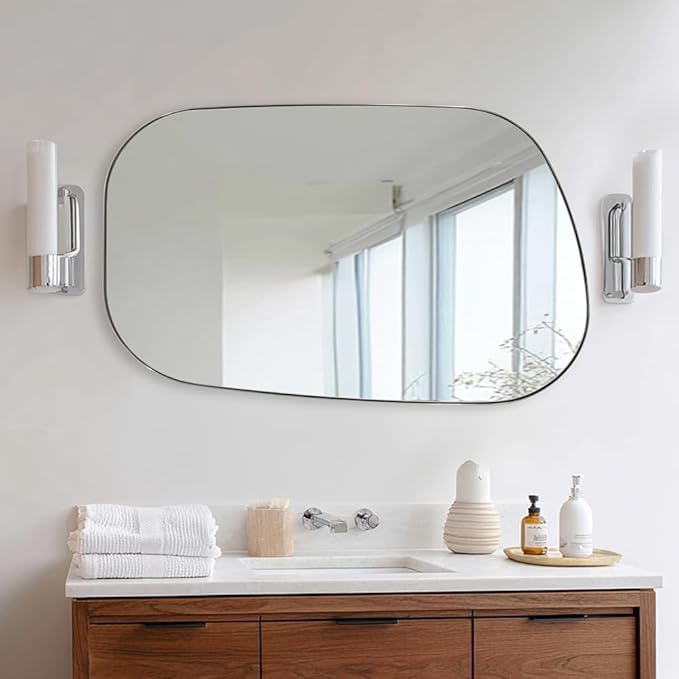 ANDY STAR 24"x40" Irregular Wall Mirror，Polished Chrome Asymmetrical Bathroom Mirror with Stainless Steel Metal Frame, Wall-Mounted Mirror for Bathroom, Entryway (Horizontal/Vertical)